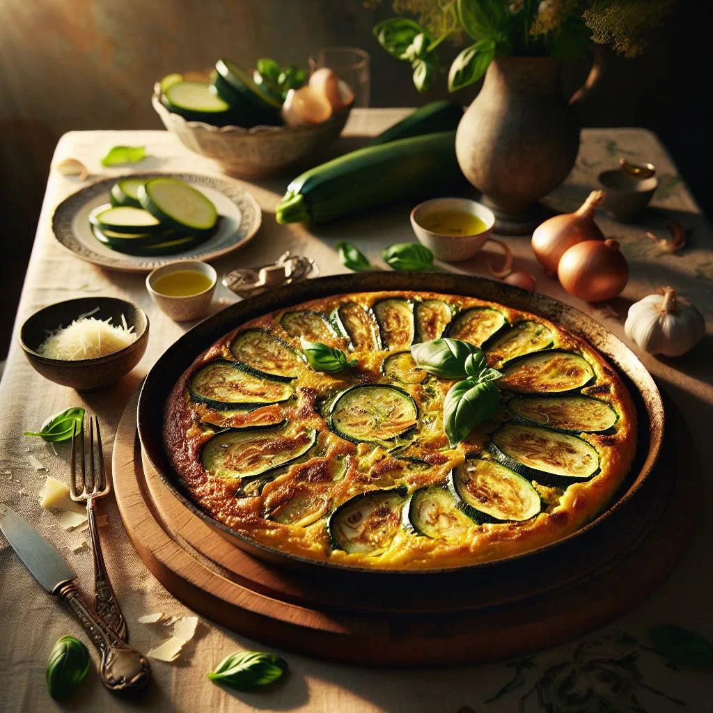 Golden courgette frittata garnished with fresh herbs on a plate