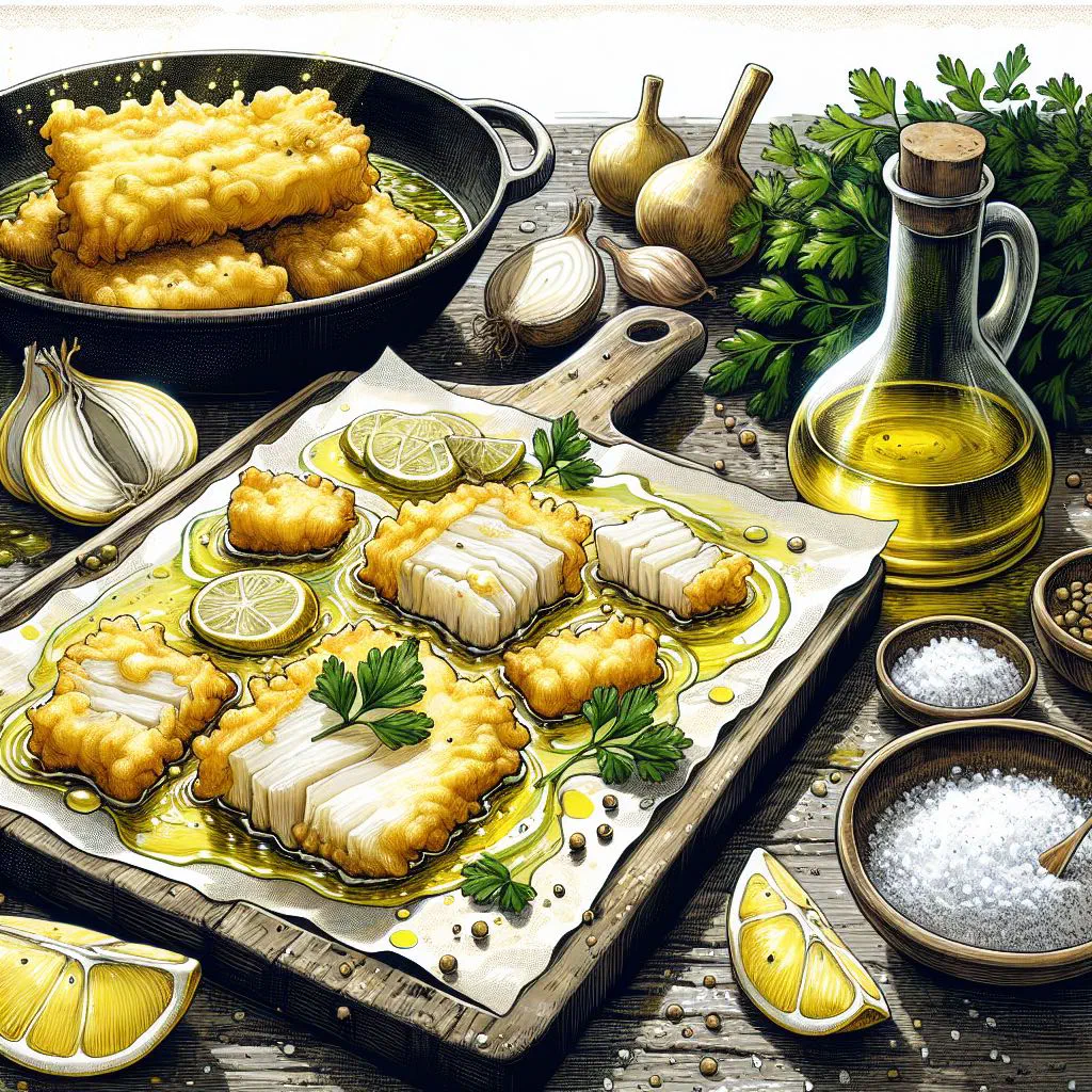 Golden fried salt cod fritters served with lemon wedges