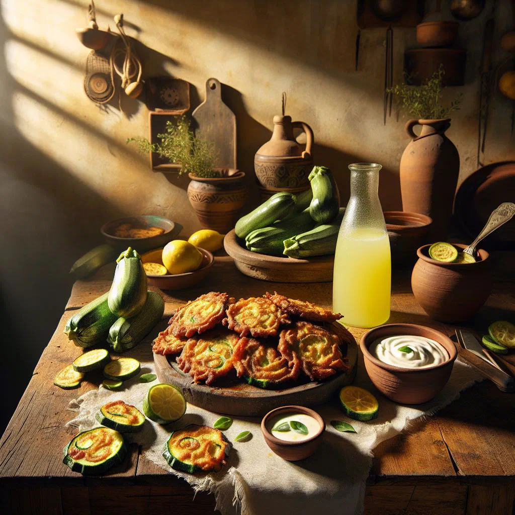 Golden courgette fritters piled on a plate, ready to serve