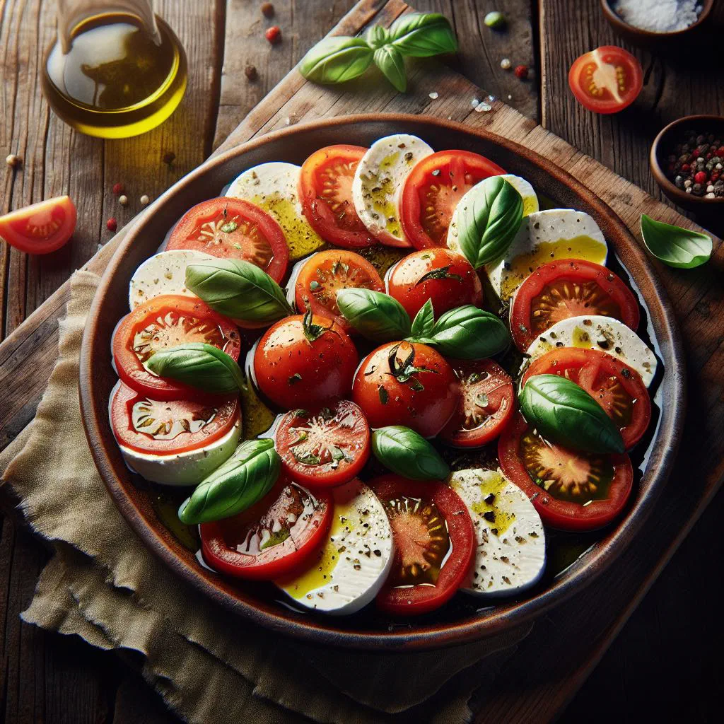 Insalata Caprese with sliced mozzarella, tomatoes and fresh basil drizzled with olive oil