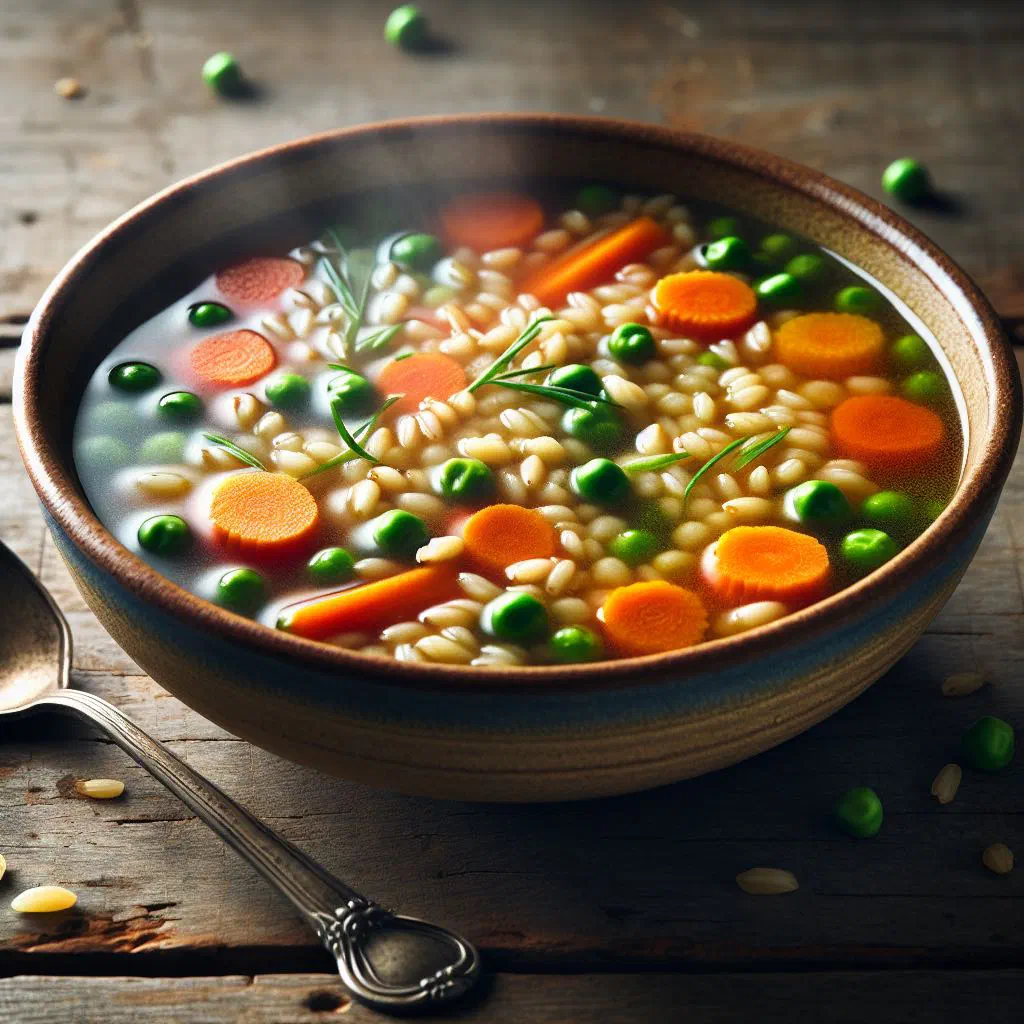 Bowl of minestra di orzo barley soup with vegetables and fresh herbs