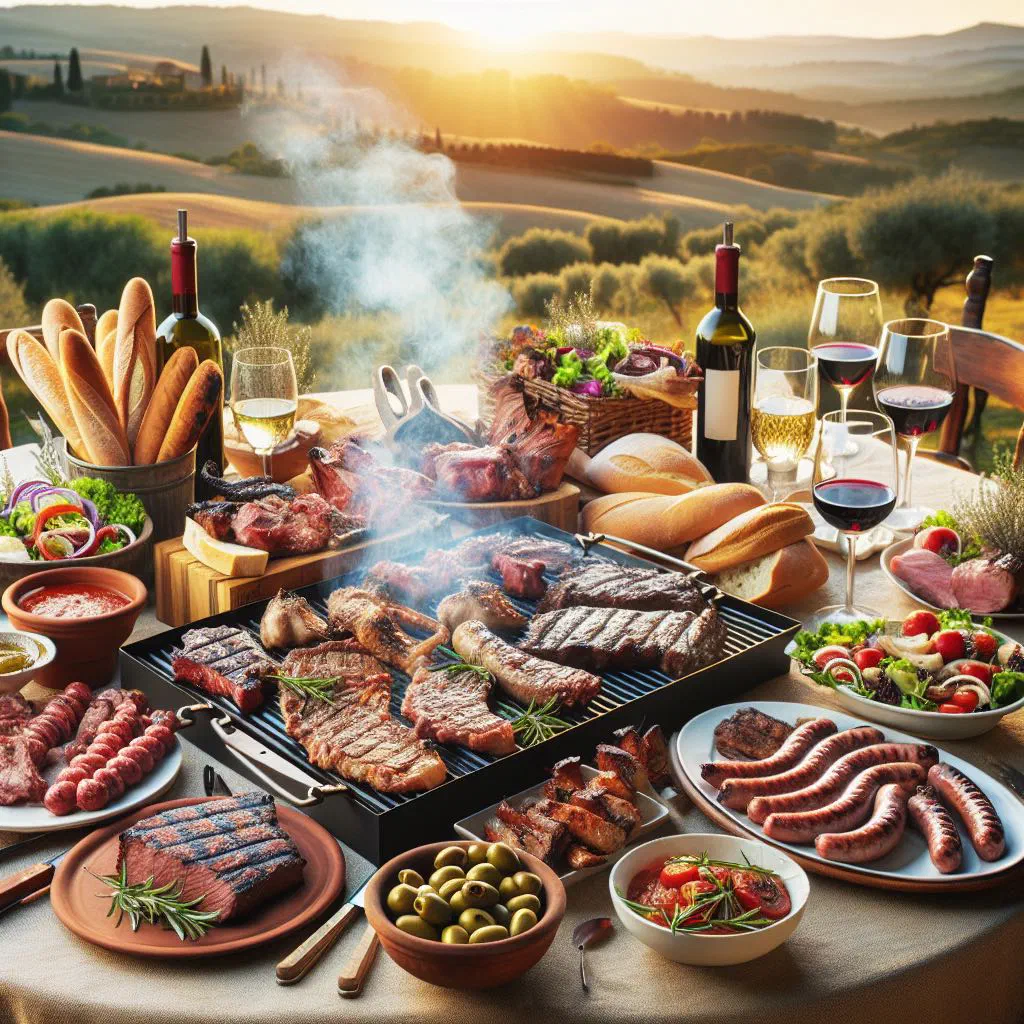 Assorted grilled meats arranged on a rustic wooden board with herbs