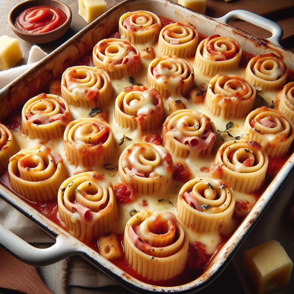 Baked pasta rolls of Nidi di Rondine topped with tomato sauce and melted cheese