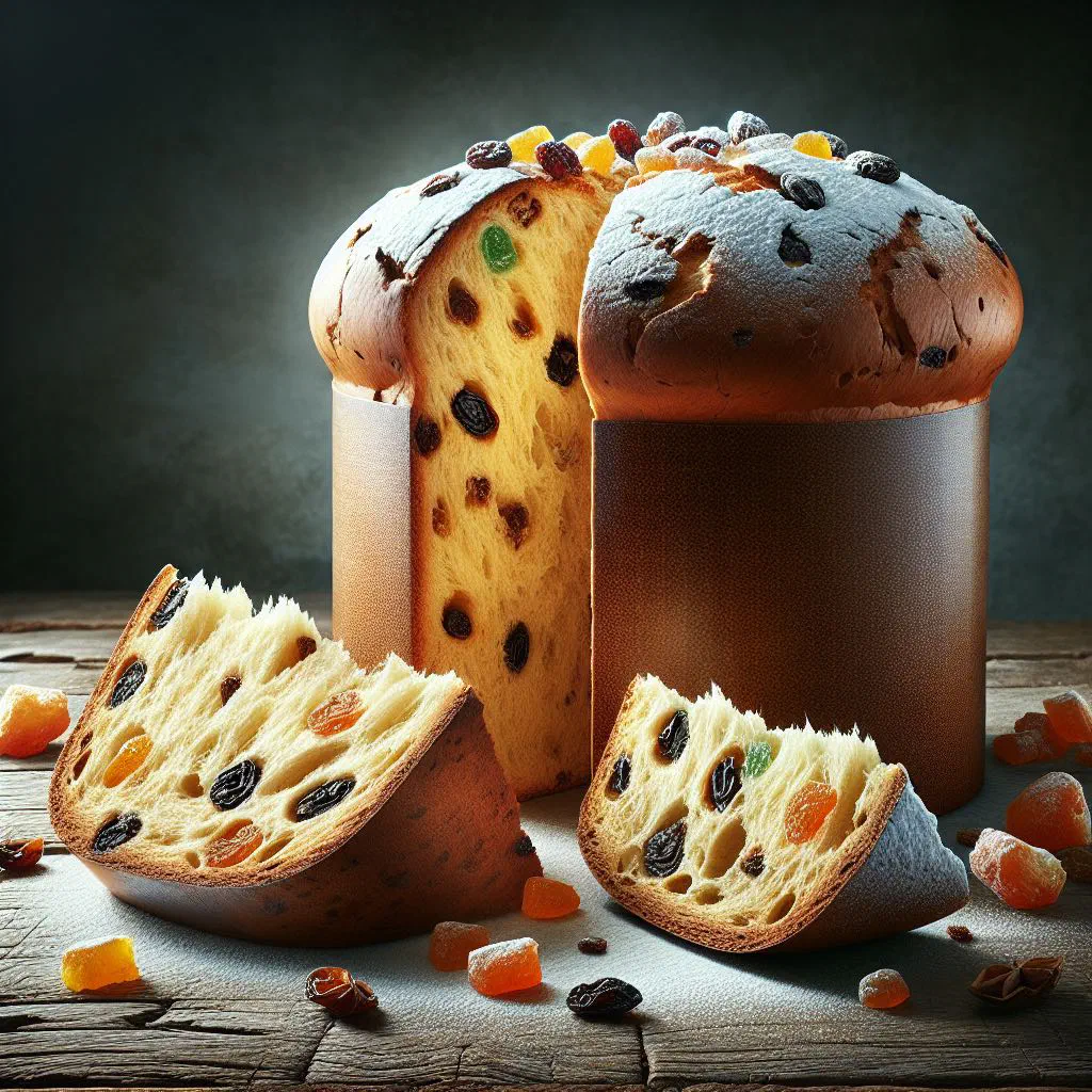 Golden domed panettone dusted with icing sugar and studded with dried fruit