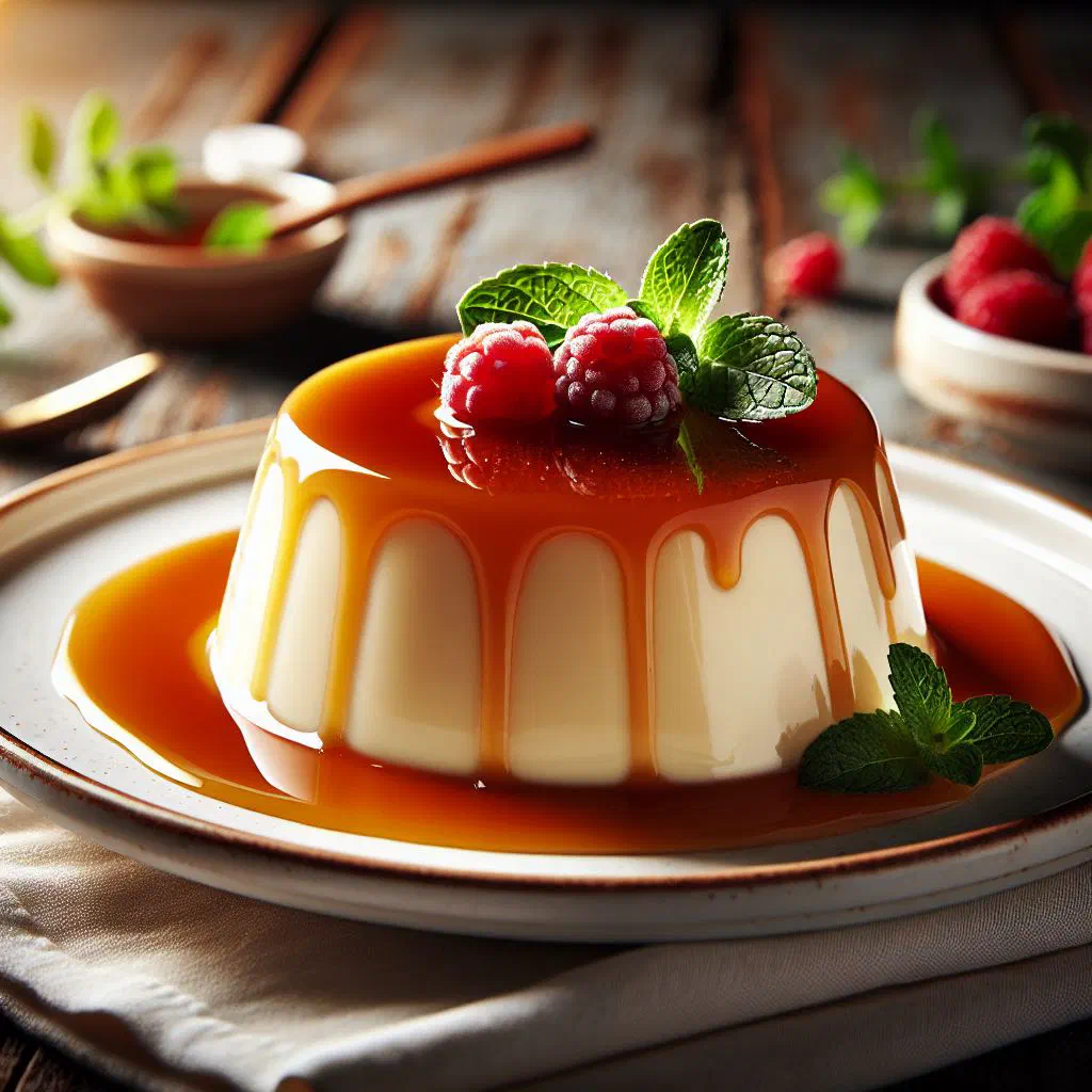 Creamy panna cotta topped with golden caramel sauce in a small glass