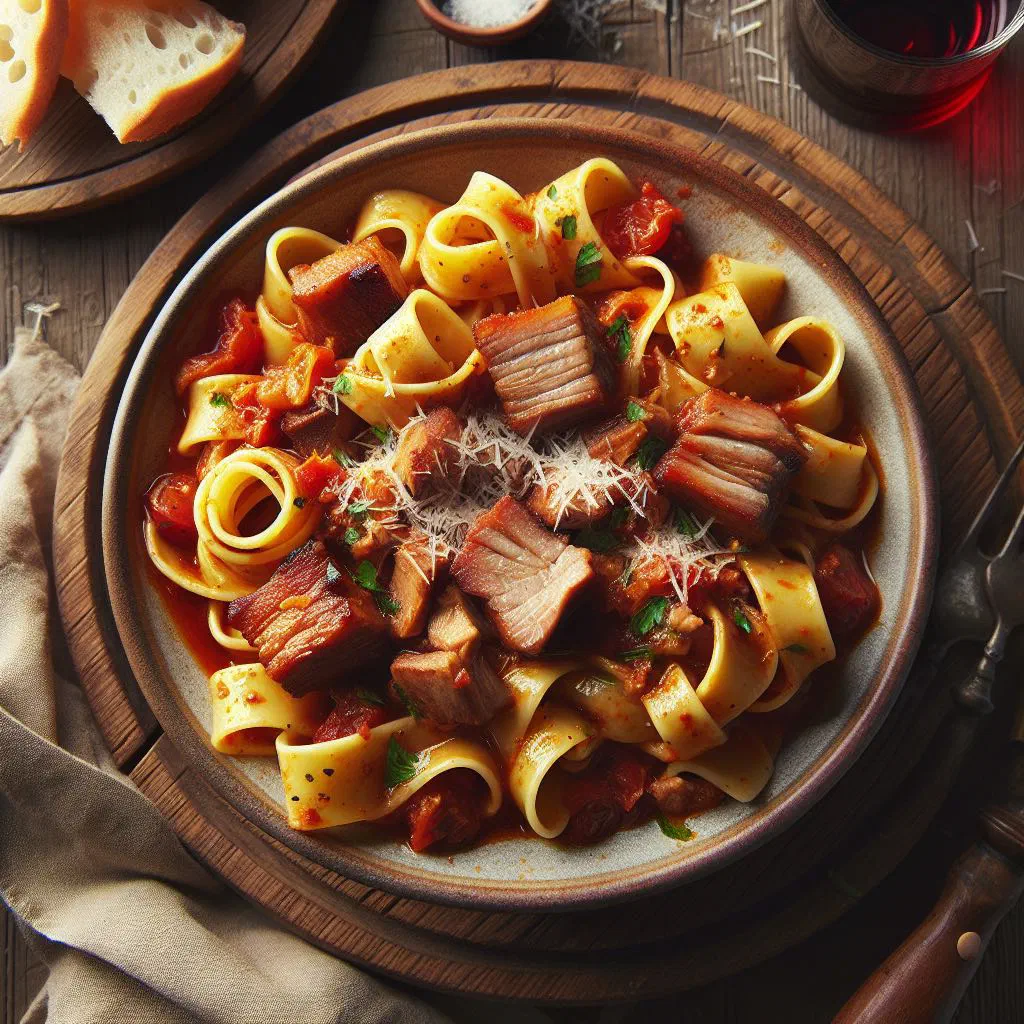 Wide pappardelle ribbons coated in a rich wild boar ragù