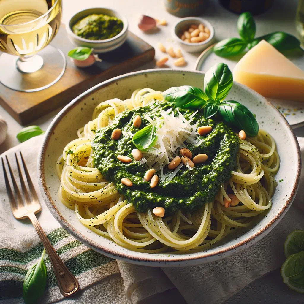 A jar of fresh green pesto alla sanmarinese garnished with basil leaves