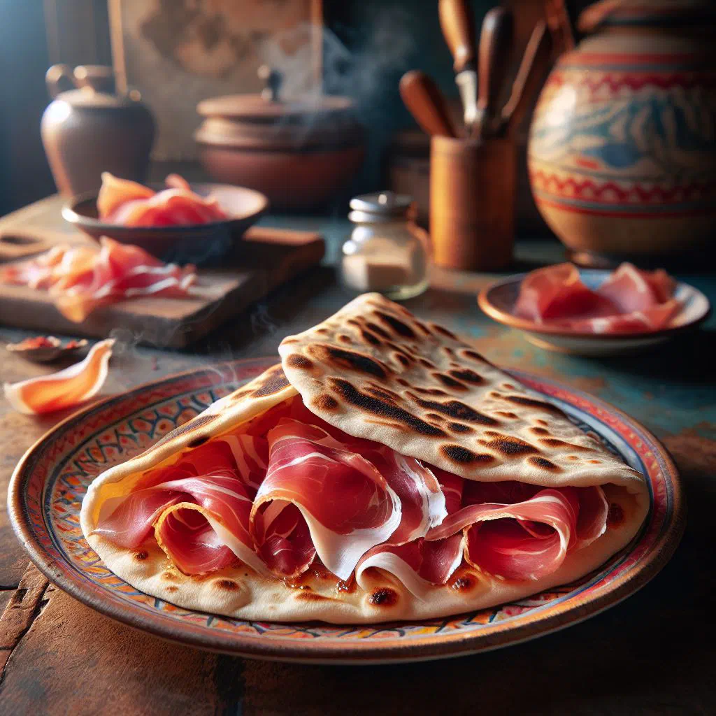 Folded piadina flatbread filled with prosciutto and fresh rocket
