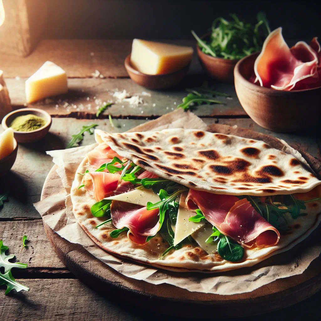 Folded piadina romagnola filled with ham, cheese and rocket