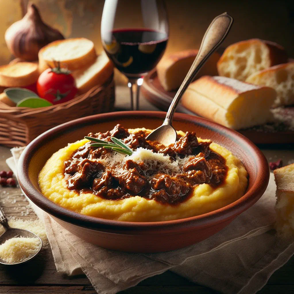 Creamy polenta topped with a rich meat ragù and fresh herbs