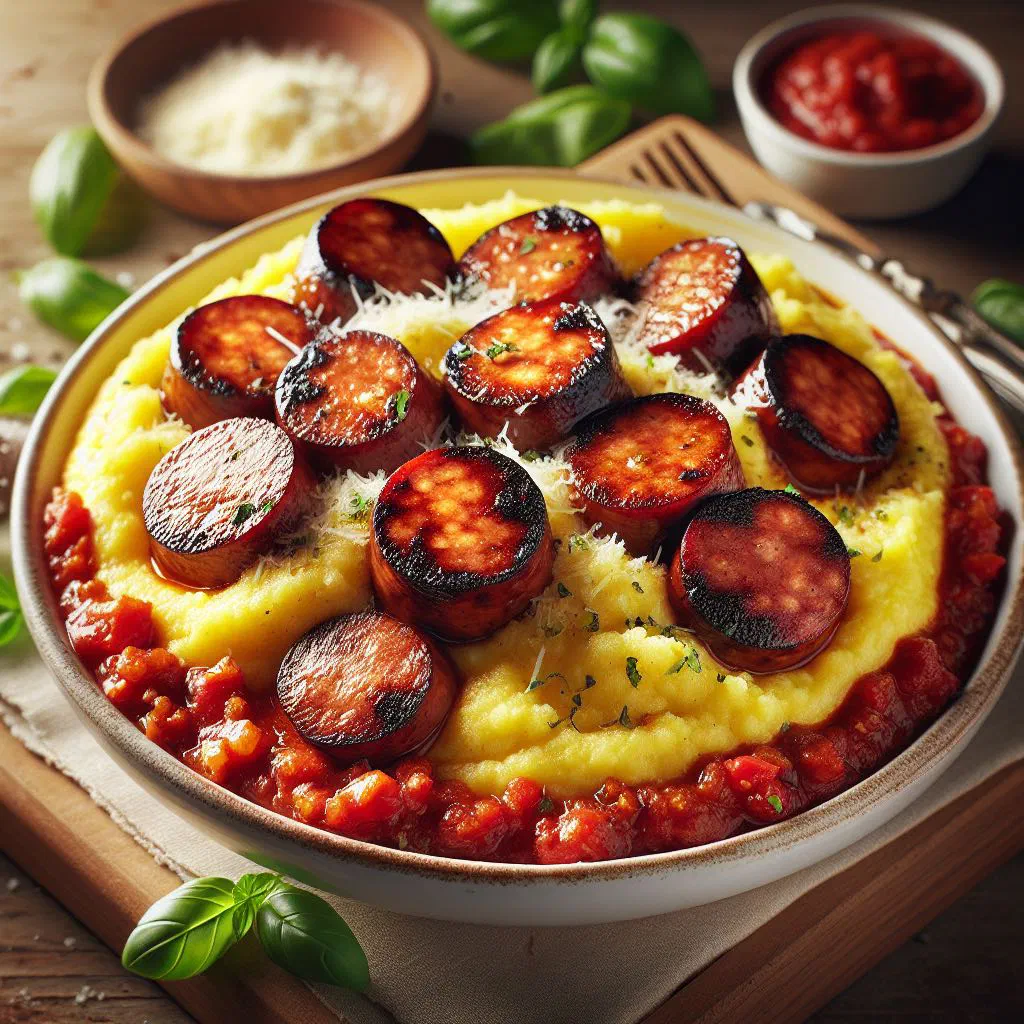 Creamy polenta topped with golden Italian sausage and fresh herbs