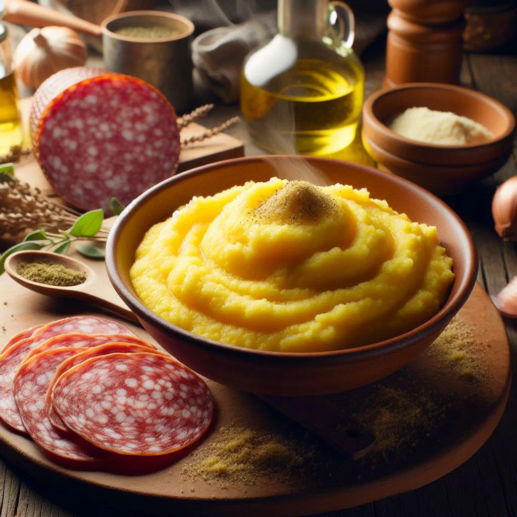 Creamy polenta topped with slices of warm ciauscolo sausage and fresh parsley