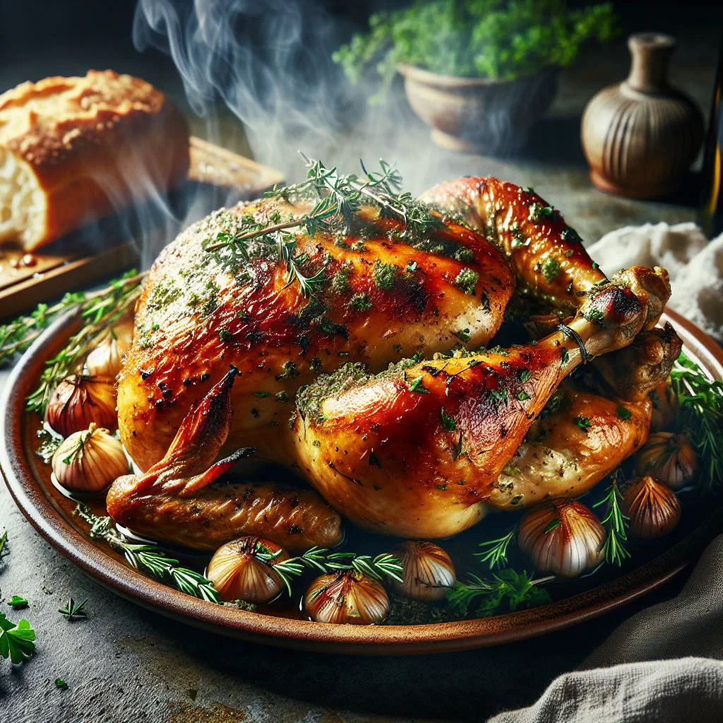 Golden roast chicken with fresh herbs and lemon on a rustic platter