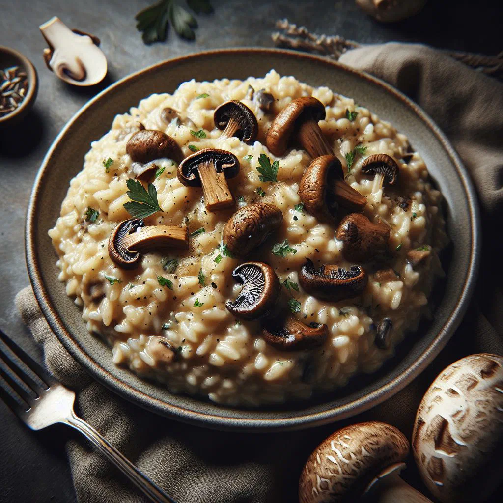 Creamy porcini mushroom risotto in a white bowl garnished with parsley