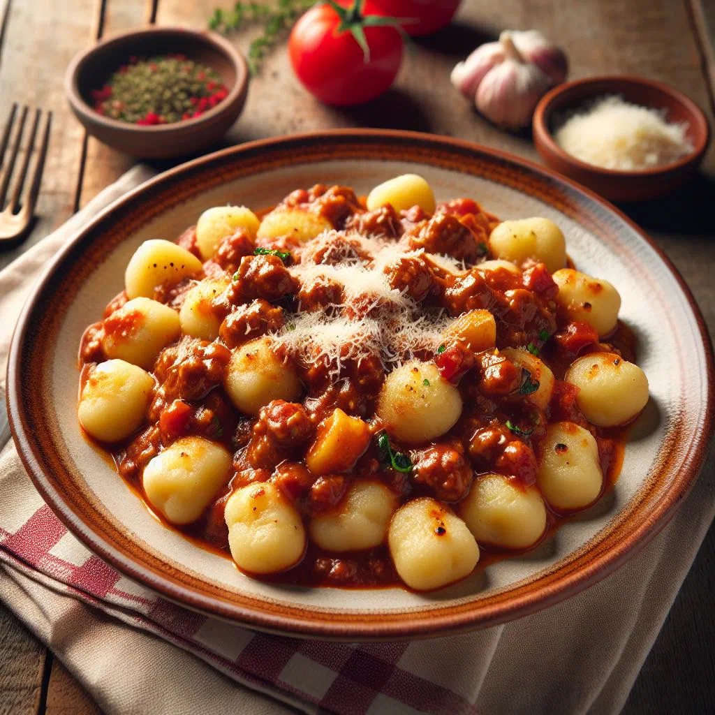 Potato gnocchi in a rich beef ragù, garnished with fresh basil