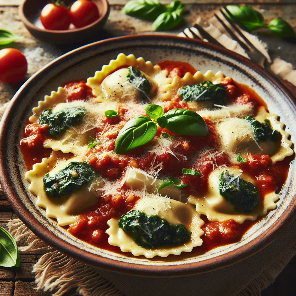 Fresh spinach and ricotta ravioli topped with grated Parmesan