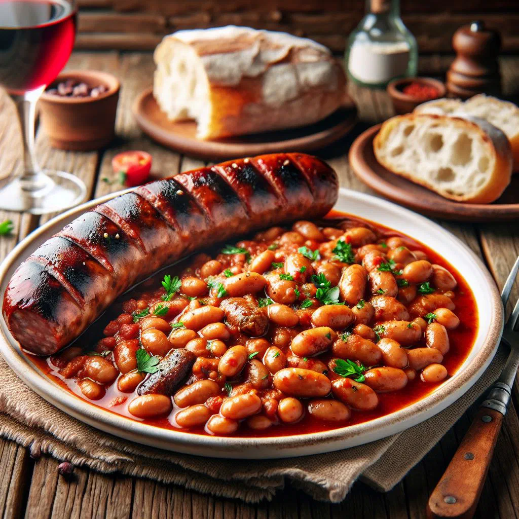 Rustic bowl of Italian sausage and beans garnished with fresh herbs