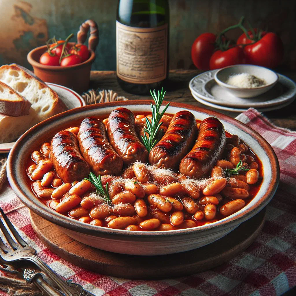 Italian sausages simmered with white beans and fresh herbs in a rustic bowl