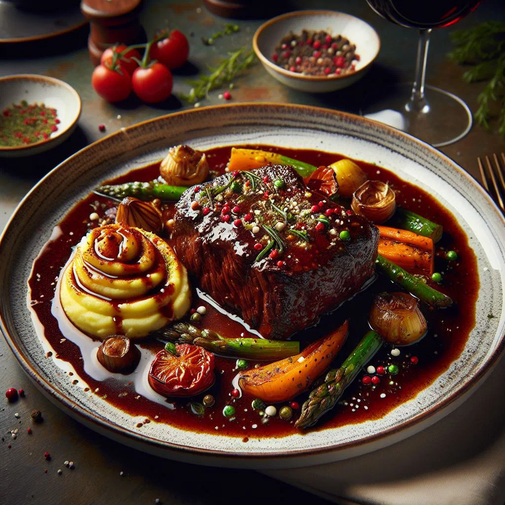 Slow-braised beef in a rich red wine sauce with herbs