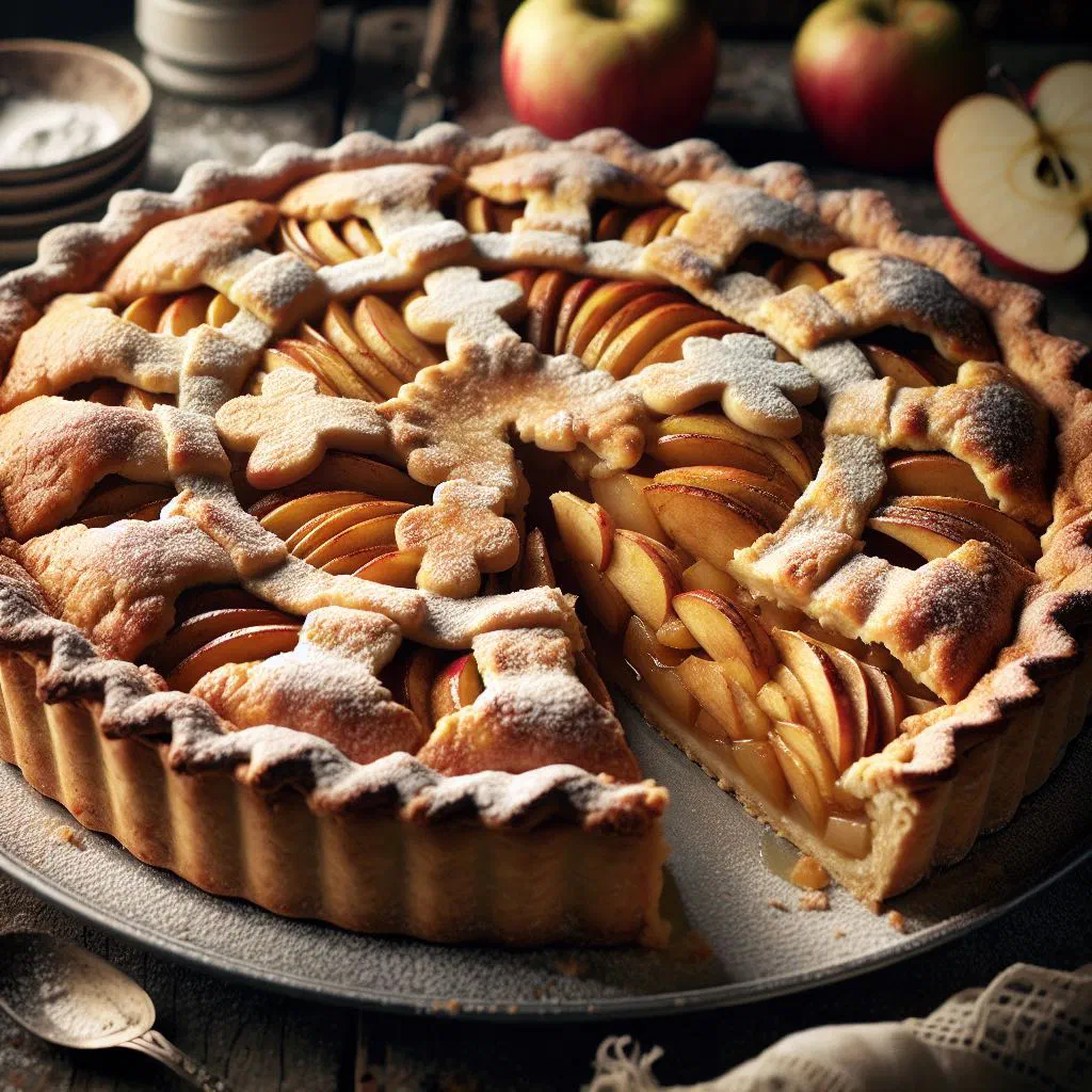Golden apple cake dusted with icing sugar on a serving plate