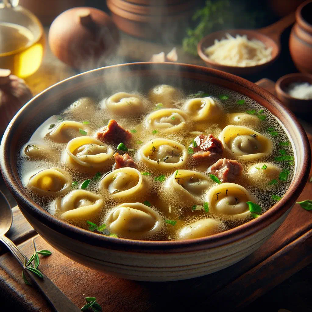Tortellini in brodo served in a bowl of clear meat broth with fresh herbs