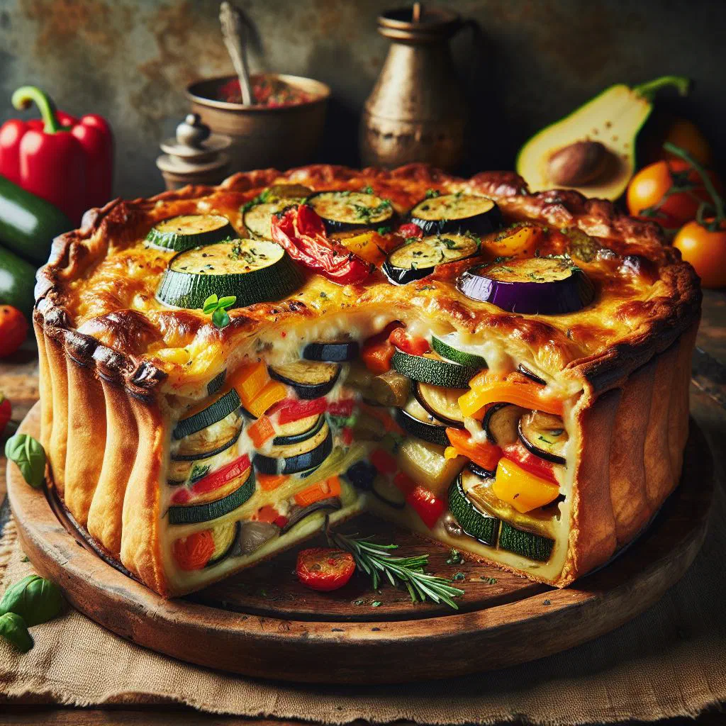 Baked vegetable sformato served warm with fresh herbs