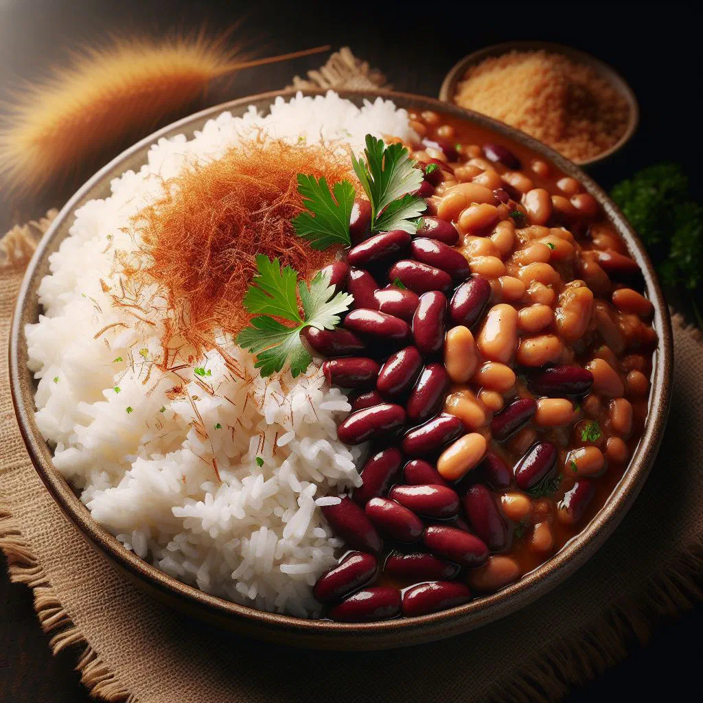 Bowl of rice with black beans, garnished with fresh parsley