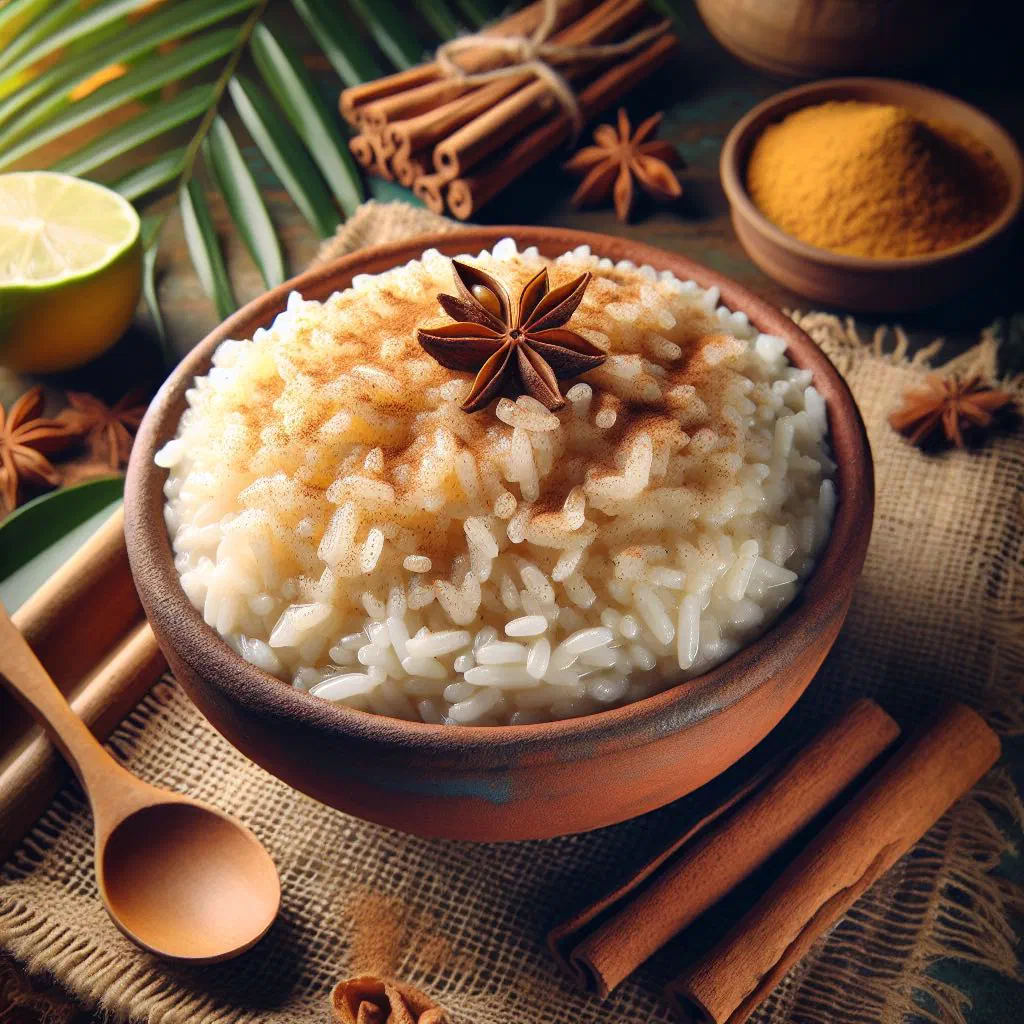 Creamy coconut rice pudding dusted with cinnamon in a glass bowl