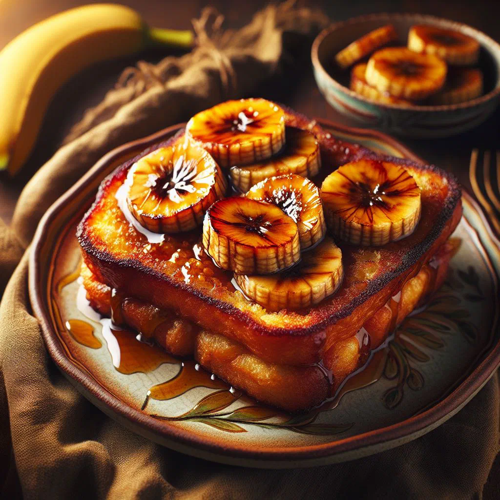 Golden fried banana slices piled on a plate and dusted with sugar