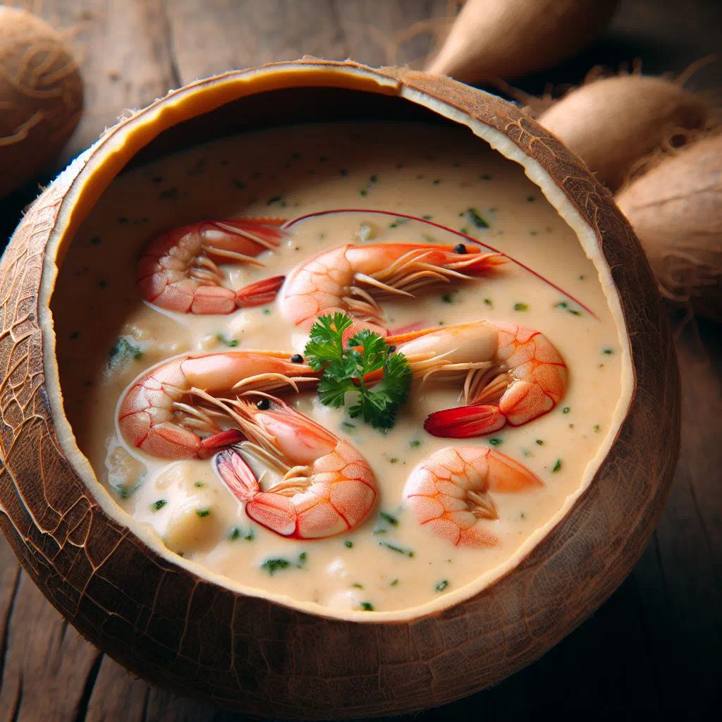 Creamy prawn and cassava stew in coconut milk, garnished with fresh coriander