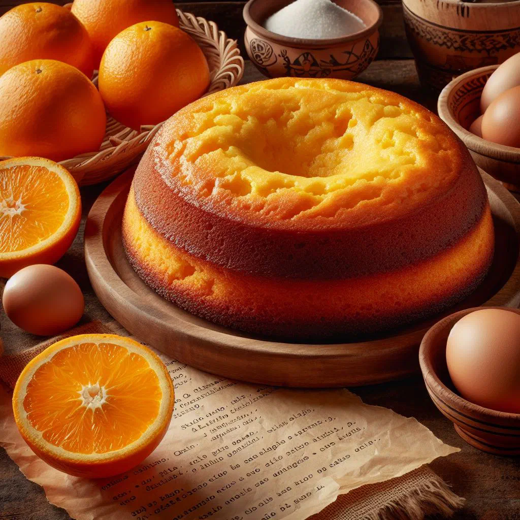 Golden orange cake dusted with sugar and topped with fresh orange slices