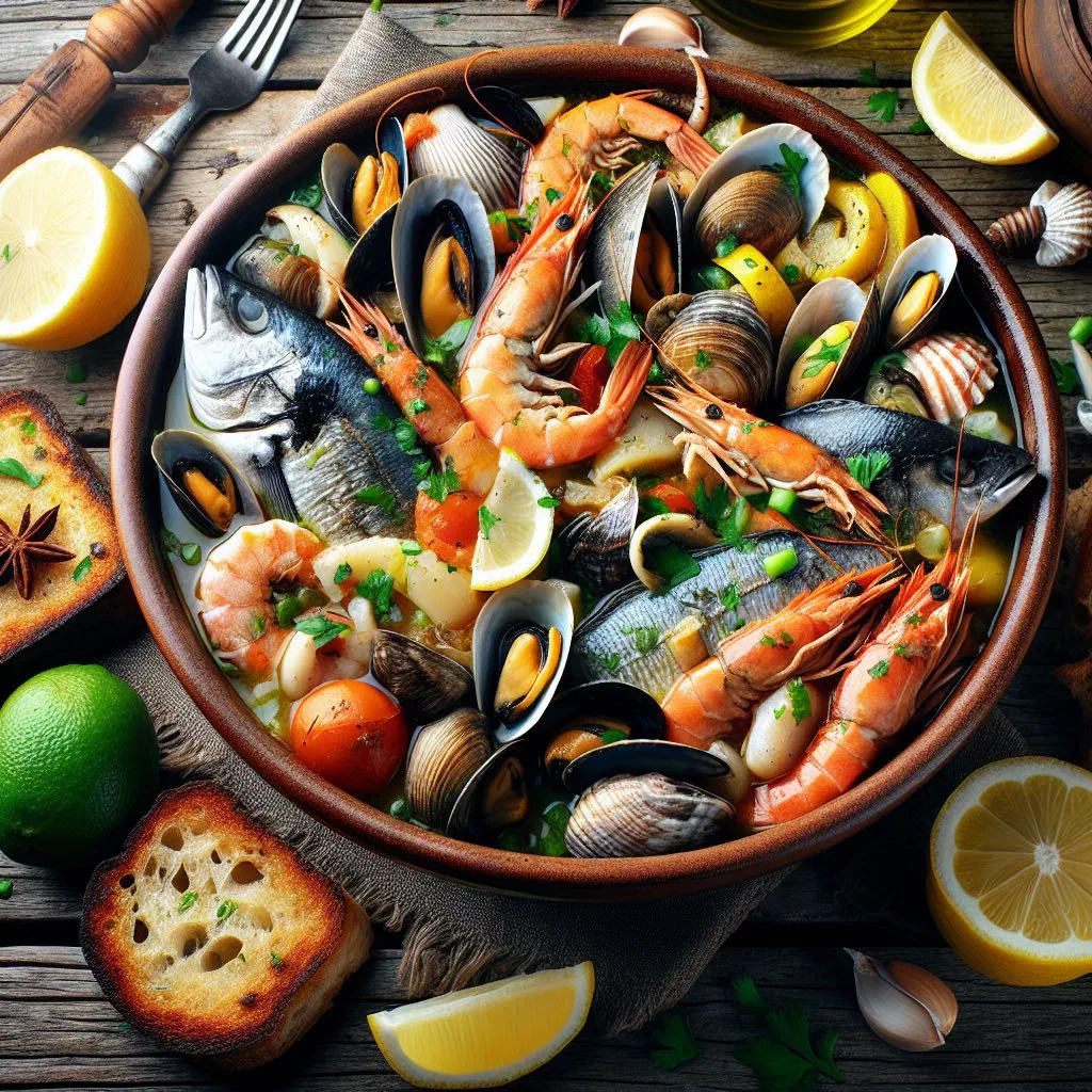 Caldeirada de peixe fish stew with tomatoes, peppers and fresh herbs