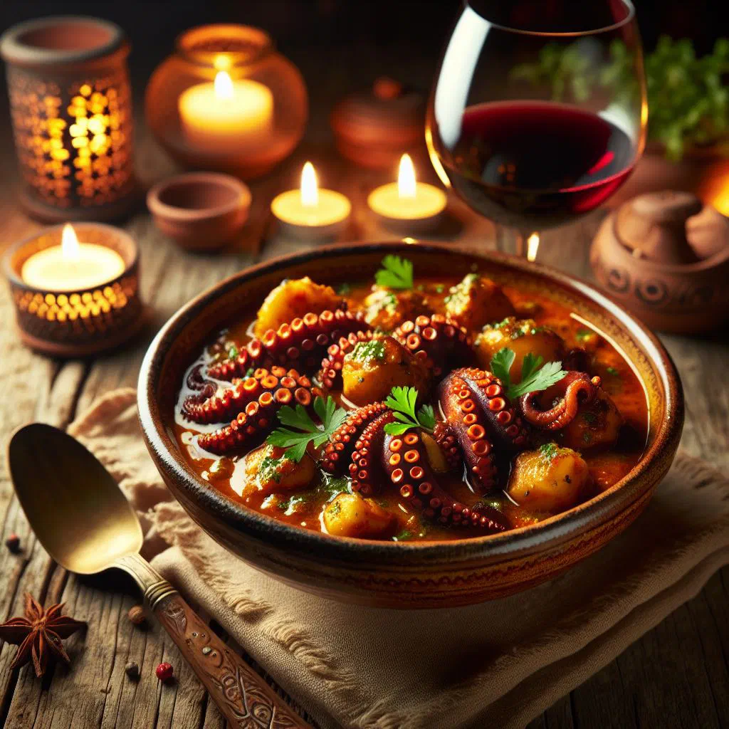 Octopus curry in creamy coconut sauce, garnished with fresh coriander