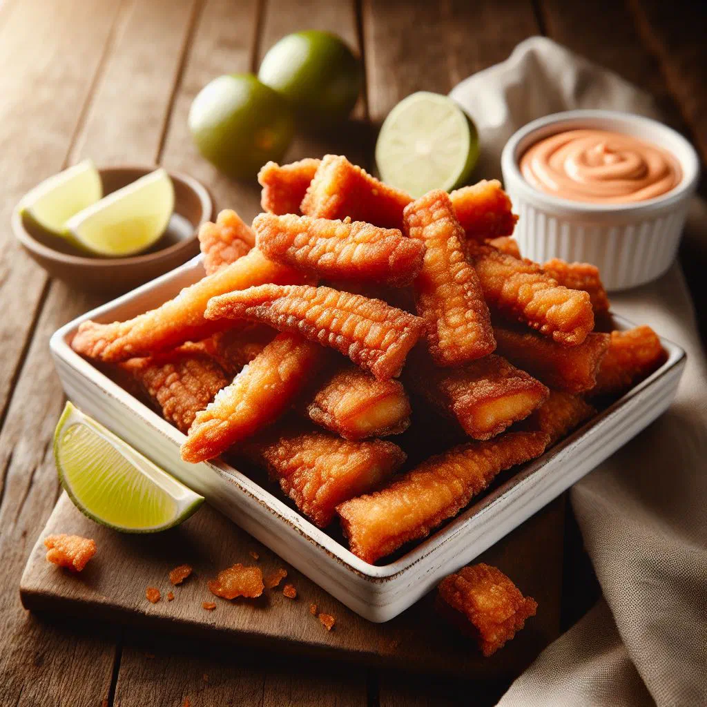 Golden crispy fried fish pieces with lemon wedges and fresh herbs