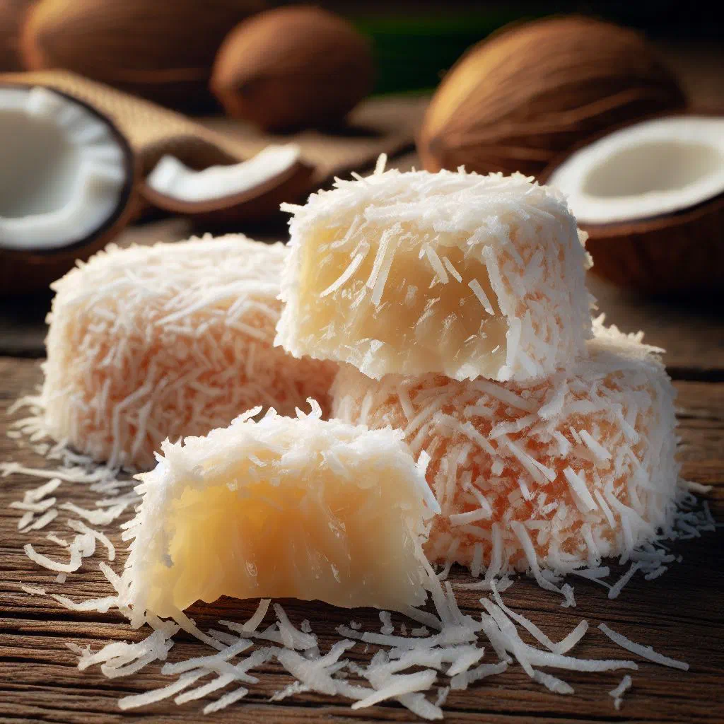 Squares of coconut sweet garnished with fresh coconut shavings