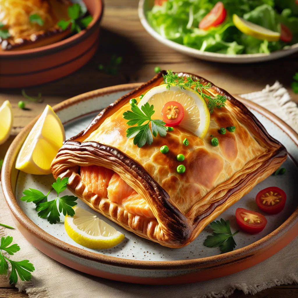 Golden baked fish pastries on a plate with fresh herbs