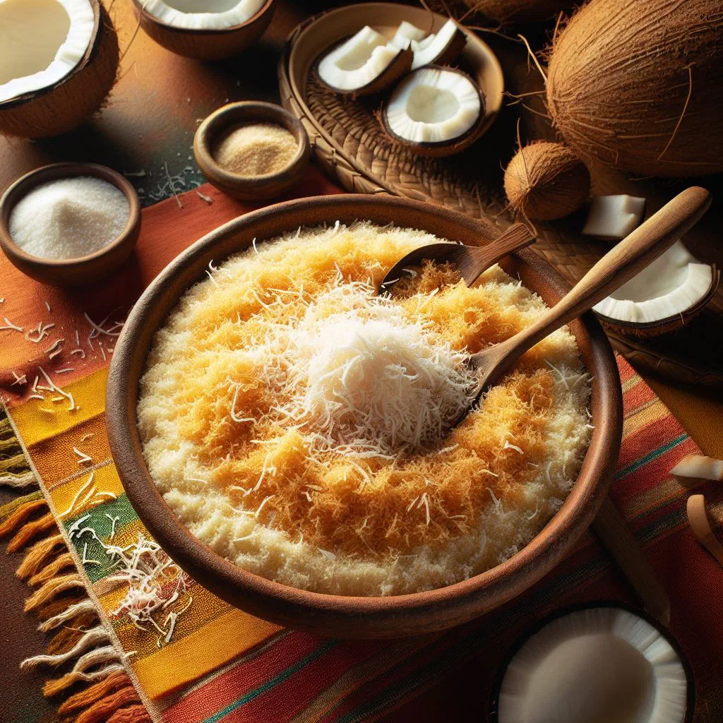 Golden toasted coconut farofa in a bowl garnished with fresh herbs