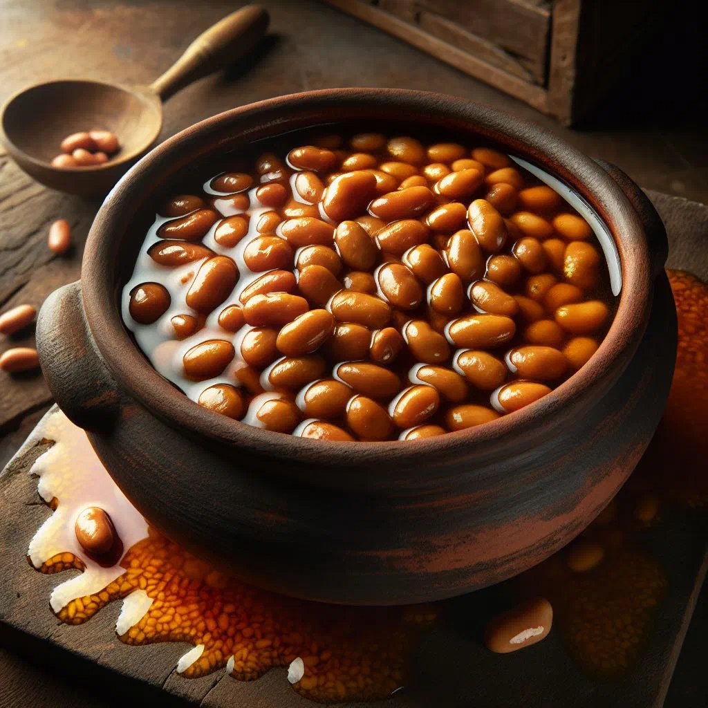 Bowl of black beans in red palm oil garnished with fresh coriander