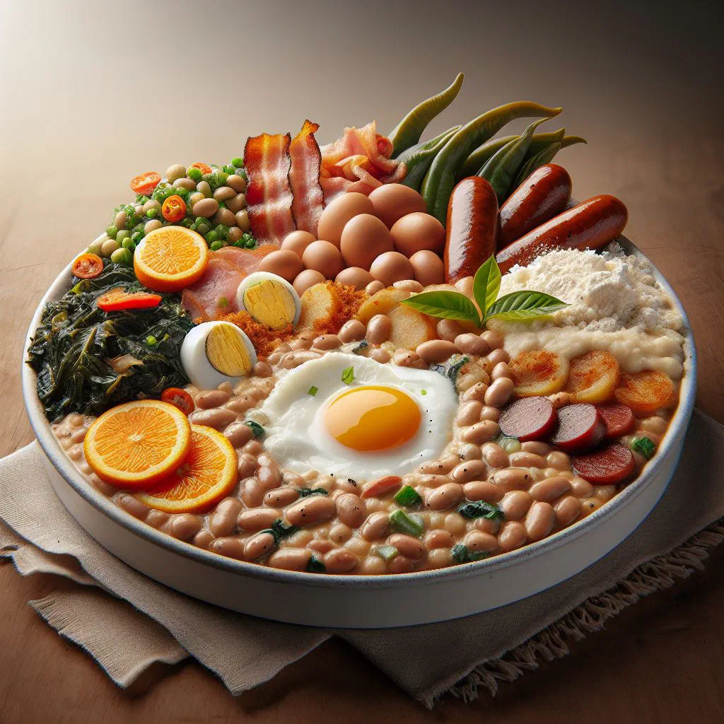 Bowl of feijão tropeiro with black beans, onions and fresh parsley