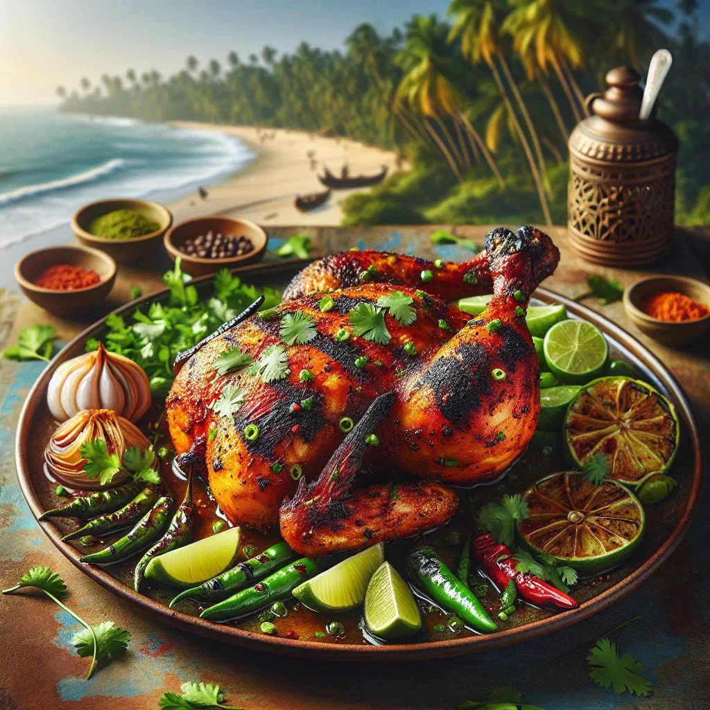 Grilled marinated chicken breast with fresh herbs and lemon wedges