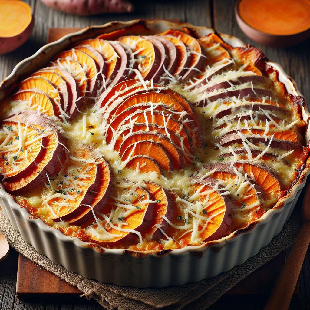 Golden baked sweet potato gratin in a dish, topped with melted cheese and fresh herbs