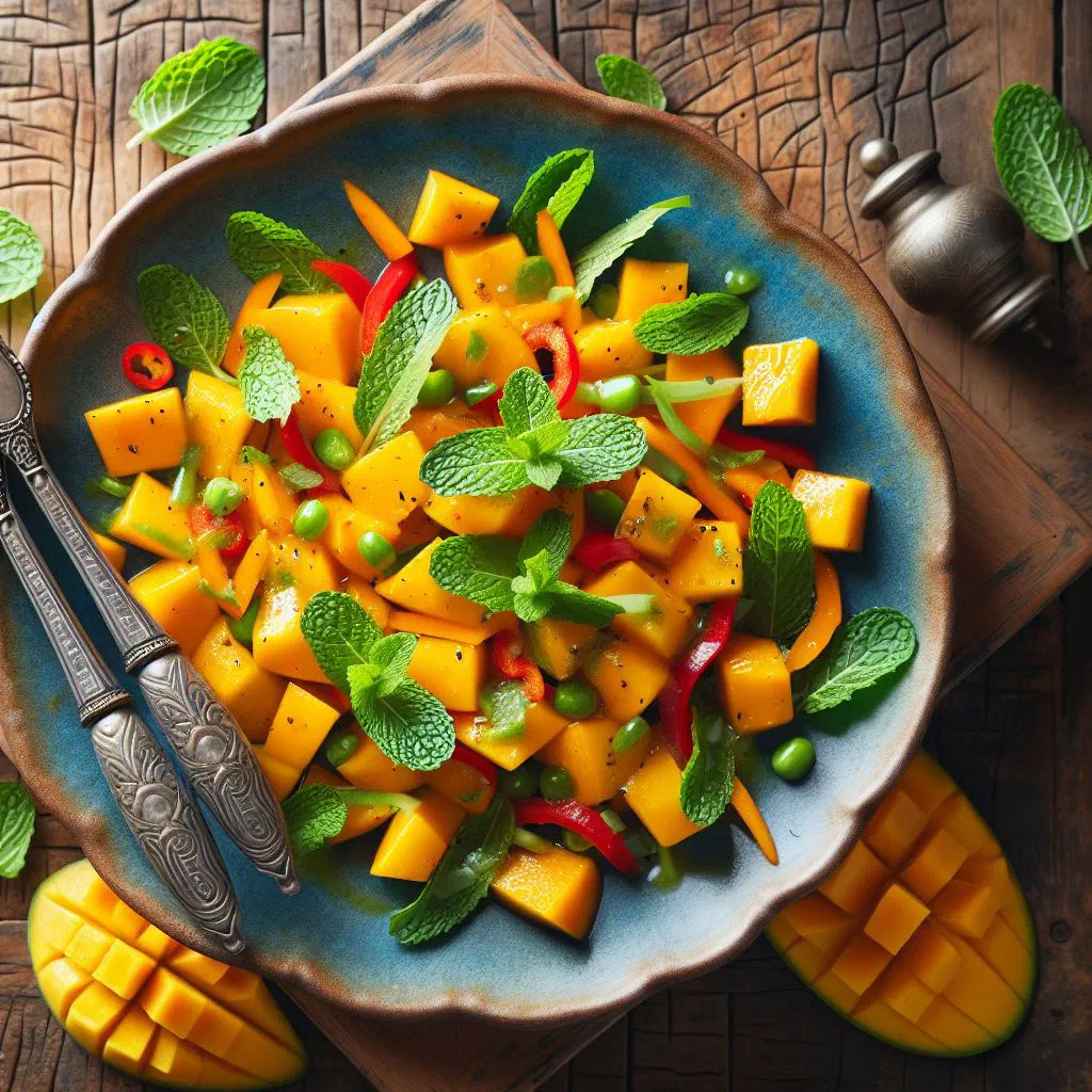 Bowl of diced mango salad with red onion, tomato and fresh coriander
