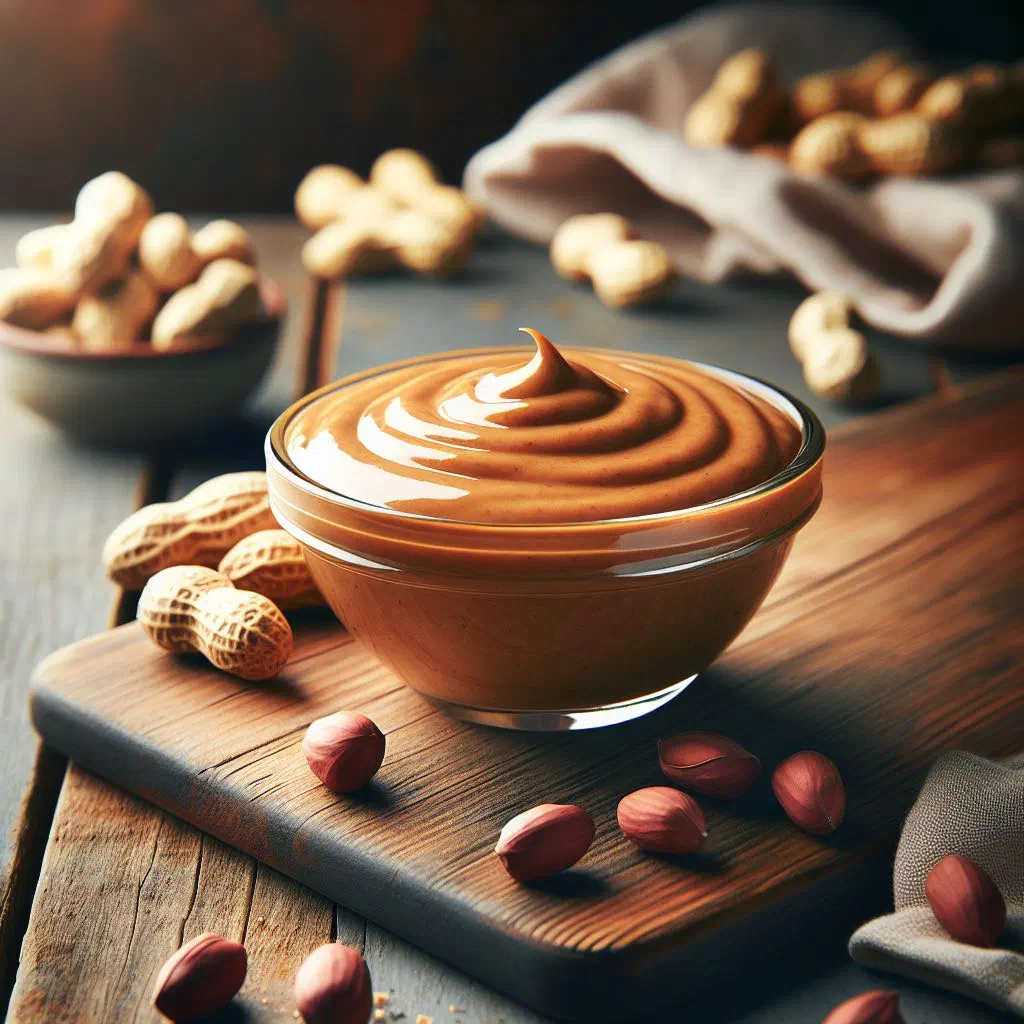 Creamy peanut sauce in a bowl topped with roasted peanuts and fresh coriander