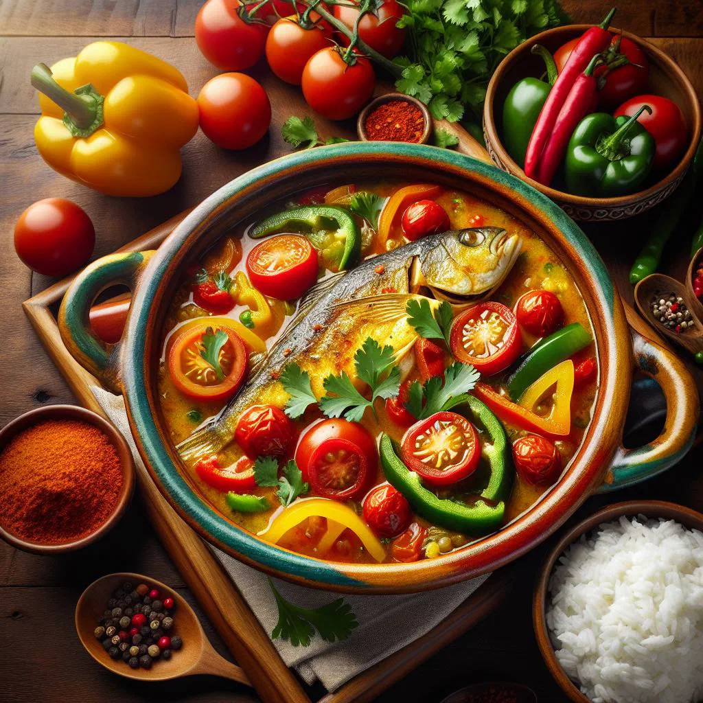 Fish fillets simmered in a coconut, tomato and pepper sauce, garnished with coriander and lime