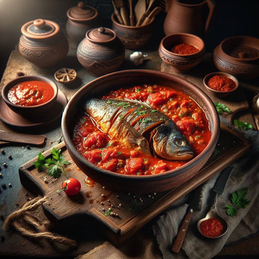 Fish fillets simmered in a rich tomato sauce with fresh herbs and rice