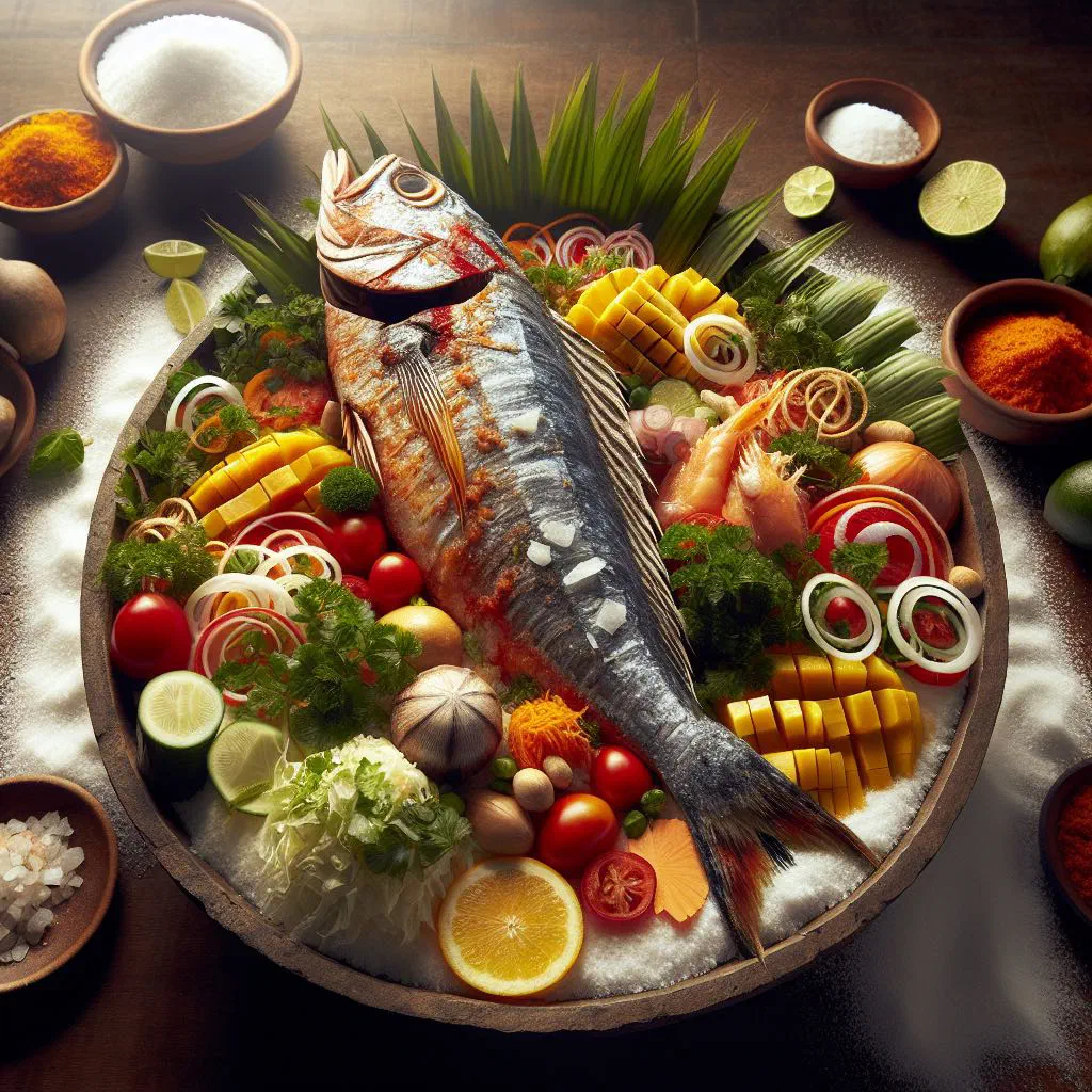 Whole fish baked in a sea salt crust with lemon slices and fresh herbs