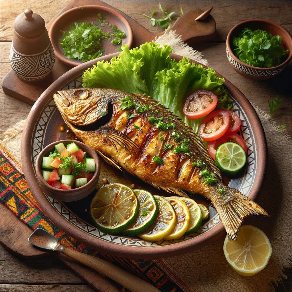 Whole grilled fish with lemon wedges and fresh herbs on a plate