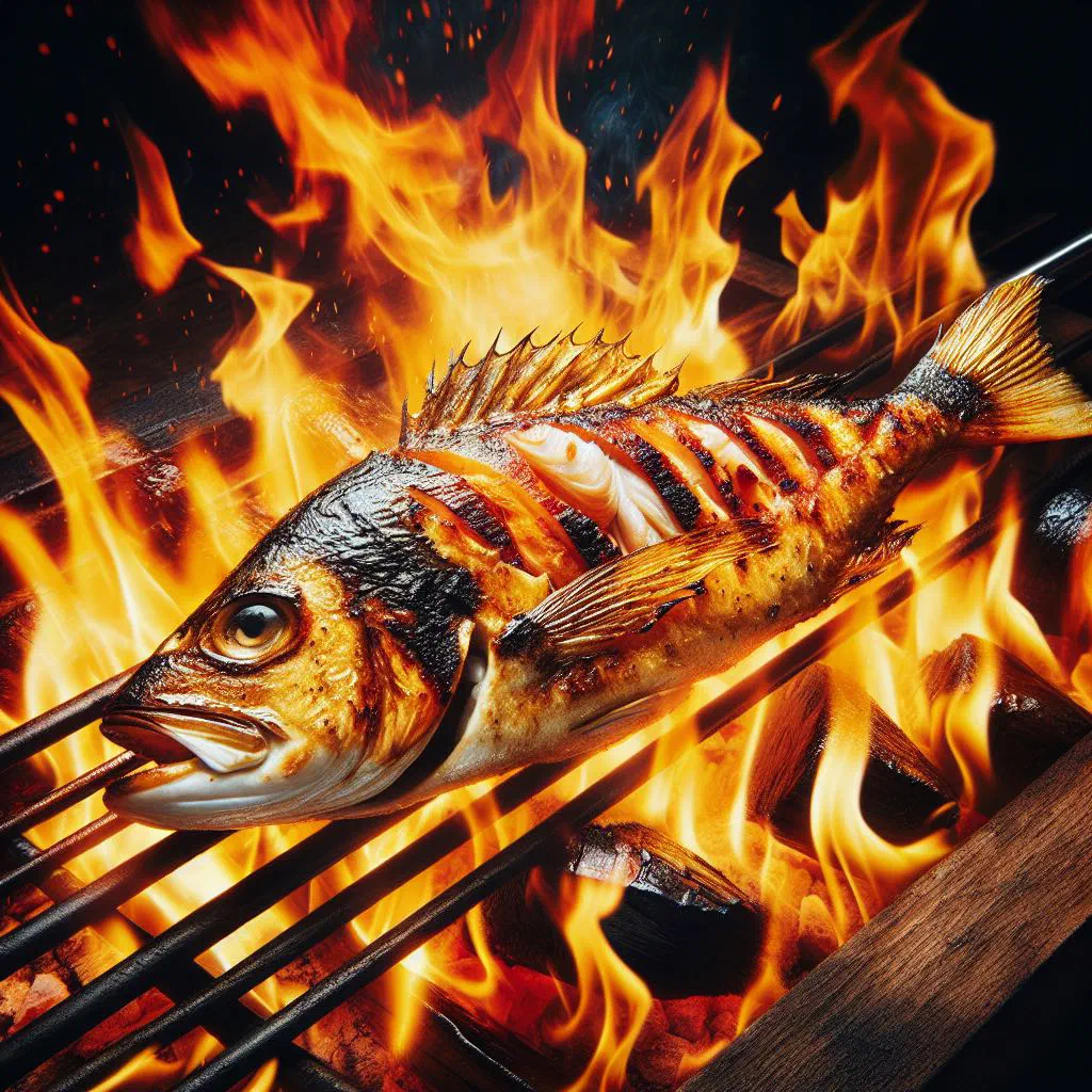 Pan-fried dried fish with onions, paprika and lemon wedges, served with rice
