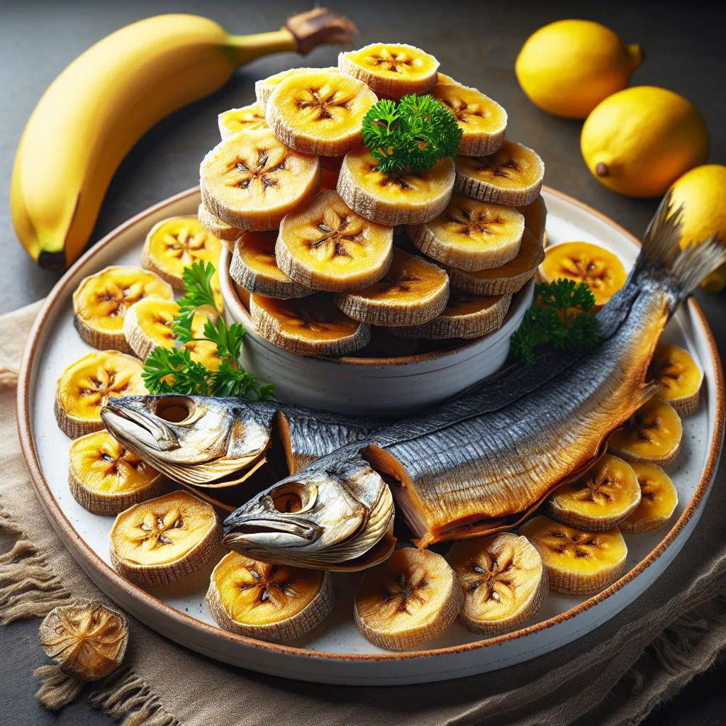 Pan-fried dried fish with sliced banana, onion and garlic on a plate