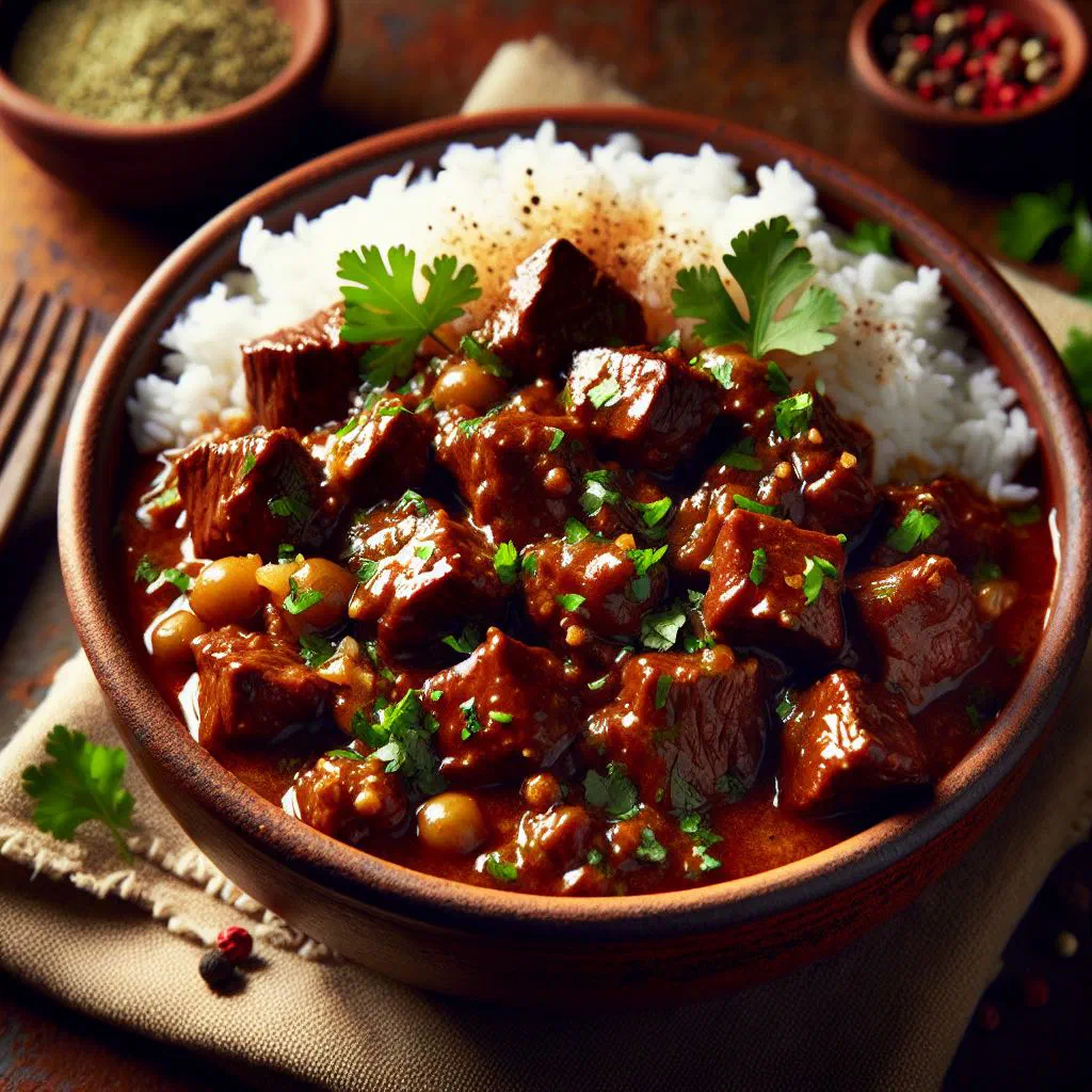 Picadinho de carne — diced beef simmered in a rich tomato sauce, garnished with parsley